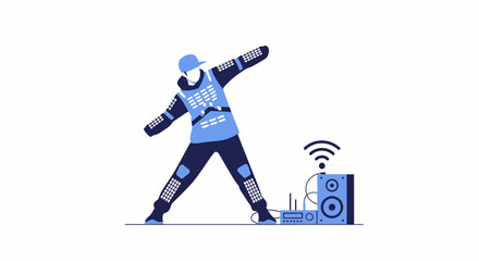 Fototapeta premium Dancer in futuristic LED suit performing with DJ equipment and speaker