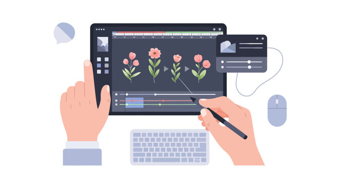 Digital artist animates flowers on computer screen with stylus and keyboard