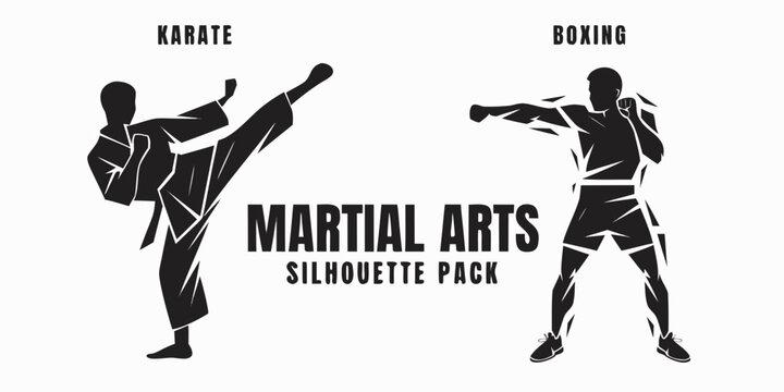 Karate fighter and boxer silhouette pack with martial arts kung fu self defense fighter jet silhouette training movement illustration kickboxing taekwondo exercise physical