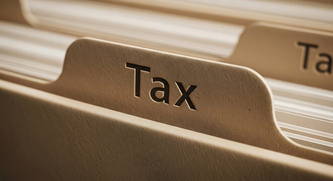 Close up of labeled manila file folders featuring the word tax on transparent background