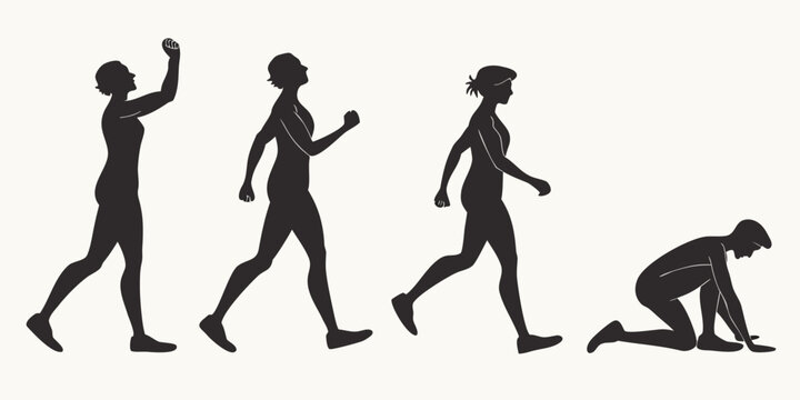 Sequence of female figure silhouettes showing progression from standing to kneeling with silhouette standing kneeling sequence progression movement isolated illustration