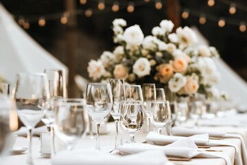 Fototapeta premium Elegant wedding table setting with floral centerpiece and soft lighting