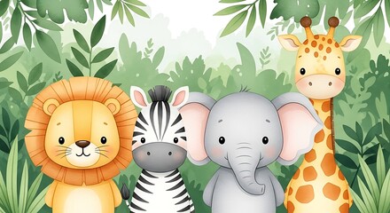 Naklejka premium Adorable watercolor illustrations of lion, zebra, elephant, and giraffe in lush green foliage