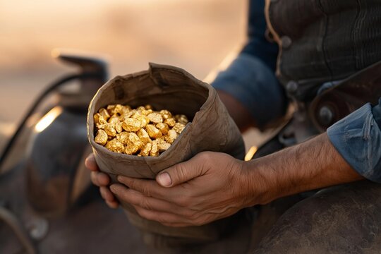 Miner holding a bag full of golden nuggets in the warm sunset light