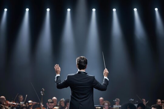 Orchestra conductor leading musicians during a performance under dramatic stage lighting