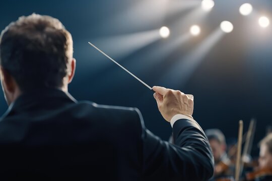 Orchestra conductor leading musicians with a baton under spotlights