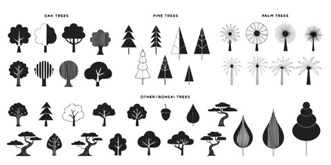 Comprehensive collection of diverse tree icons in various styles oak pine palm bonsai additional leaf and acorn elements with collection different silhouette branches environment © Tff