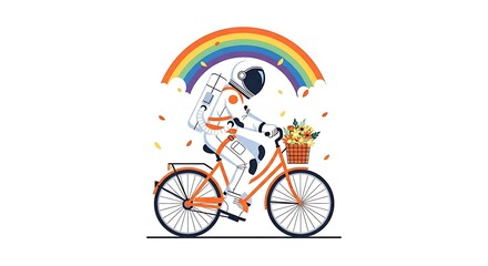 Fototapeta premium An astronaut on a bicycle with a rainbow and flowers, a whimsical and colorful illustration