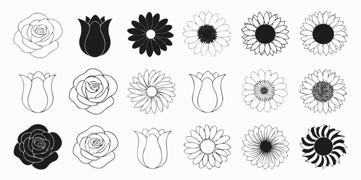 Collection of diverse flower icons in outline and solid black silhouettes roses tulips sunflowers with spring flower summer flower blossom icon bloom icon nature icon spring illust