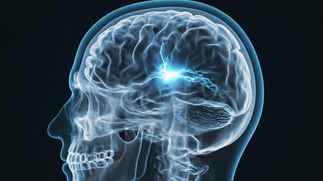 Glowing blue brain loop background inside translucent skull side view illustration