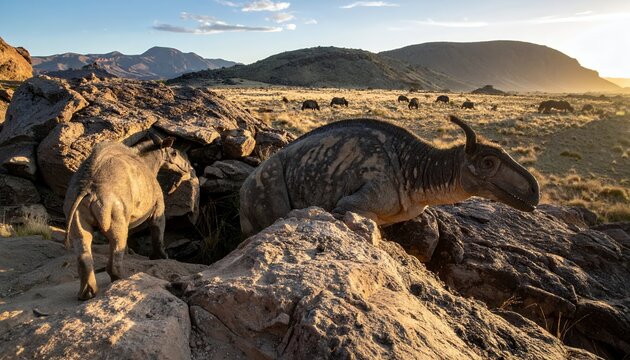 Rock Hyraxes Basking in Golden Hour Sunlight on Rocky Outcrop.