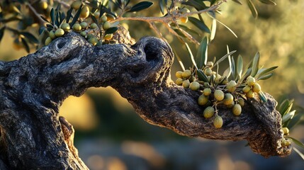 Fototapeta premium gnarled olive tree branch with ripe olives, generative ai
