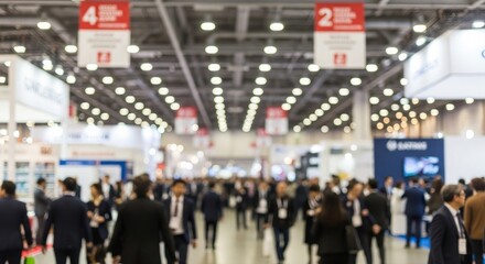 Fototapeta premium Busy exhibition hall with blurred people walking between booths and bright ceiling lights illuminating the space