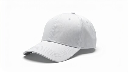 Fototapeta premium A white baseball cap sits on a plain surface indoors.