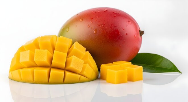 Buah mangga utuh dan potongan bentuk dadu dengan daun hijau di latar belakang putih
