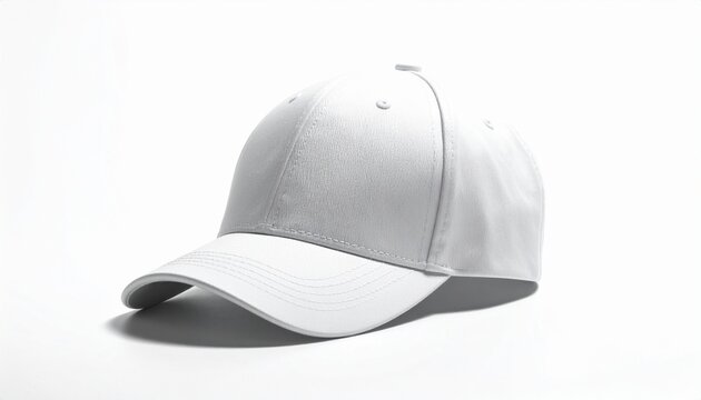 A white baseball cap is placed on a white surface with a slight shadow underneath.