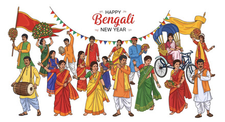 Obraz premium Festive vector illustration showcases a vibrant Pohela Boishakh parade with people in colorful traditional Bengali dress celebrating the Bangla New Year against a clean white background