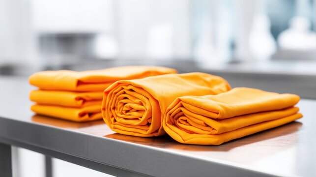 Vibrant Orange Nitrile Examination Gloves Rolled and Stacked for Healthcare Use