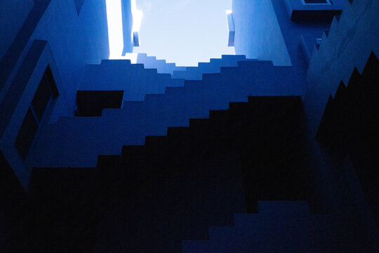 stairway perspective famous architecture minimal skyline spirituality design 3d blue luxury house modern travel apartment - La Muralla Roja - Calpe, Alicante, Spain - 2025