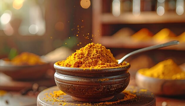 Vibrant Turmeric Powder in Bowl with Spoon, Spice Rack Background.