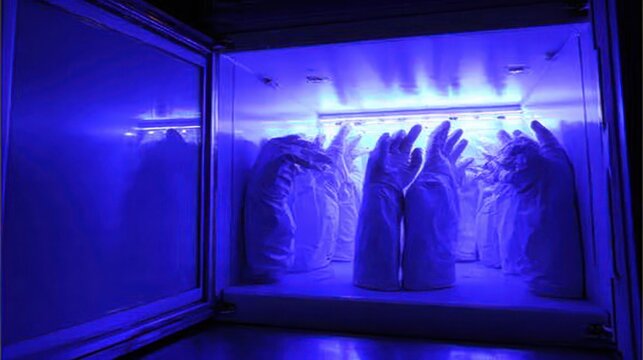 Thick insulated cryogenic safety gloves prepared for use within a sterile laboratory environment, illuminated by blue light for enhanced visibility and protection.