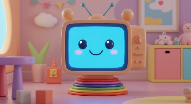 Cartoon television set displaying a smiling face in a nursery setting
