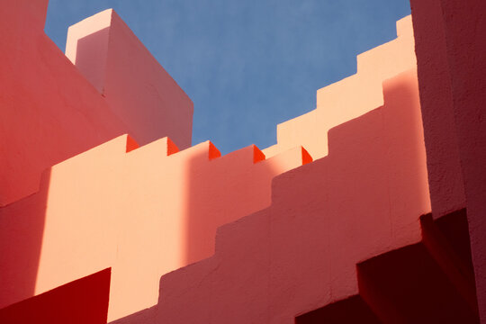 stairway detail modern architecture famous minimal design travel vacation zoom closeup spirituality building sunlight - La Muralla Roja - Calpe, Alicante, Spain - 2025