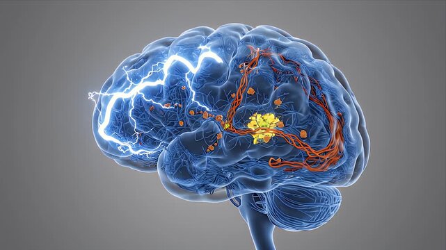 3D CGI Medical Animation Illustrating Neurodegeneration and Alzheimer's Pathophysiology with Neural Network Breakdown and Protein Aggregates on a Dark Abstract Background Suitable for Healthcare