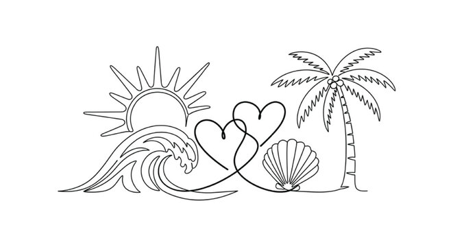 Minimal line art summer beach elements with sun waves palm hearts shell