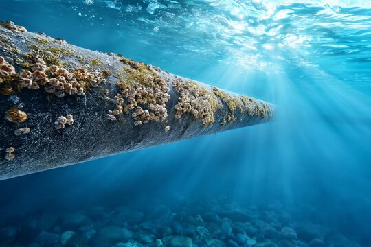 Underwater pipeline covered in barnacles with sunbeams shining through the water