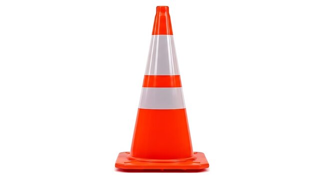 Red and white cone shaped traffic delineator marker on white background traffic cone