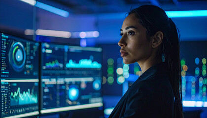 Fototapeta premium Vigilant Technician in Data Center: A focused technician stands in a dimly lit data center, her gaze fixed on the complex data streams displayed on a bank of monitors. Highlighting innovation.