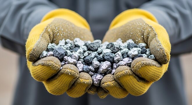 Close-up of gloved hands holding a pile of multi-toned metallic rocks, minerals