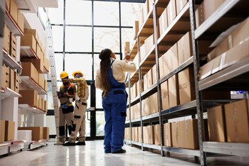 Fototapeta premium African american distribution manager doing factory merchandise inventory in storage room. Warehouse operator checking goods stock supply and planning products dispatching