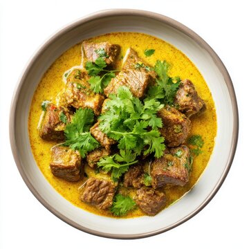 Gulai kambing with lamb cubes rich yellow coconut curry isolated on a white background
