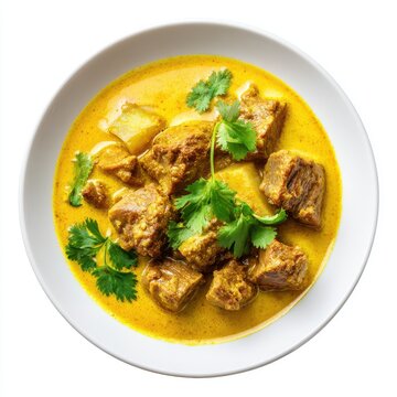 Gulai kambing with lamb cubes rich yellow coconut curry isolated on a white background