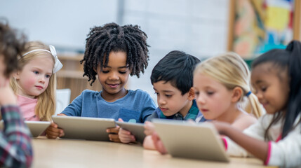Obraz premium Interactive Learning for Kids: Diverse Group Engages with Technology in a Modern Classroom Setting