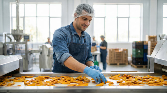 Worker in food factory sorting dried mango slices on conveyor belt man in hairnet and gloves inspecting healthy fruit snack production