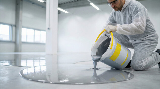 Worker in protective suit pouring grey epoxy resin for selfleveling floor coating in a large industrial or commercial building