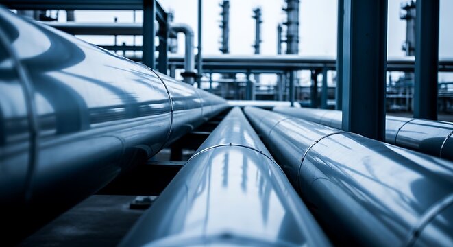 Close-up view of shiny metal pipes in an industrial complex with blurred background