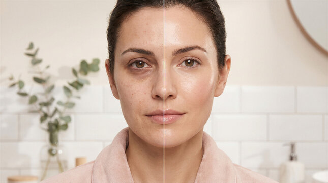 Before and after comparison of a womans face showing dark circles under eyes and improved, brightened skin complexion