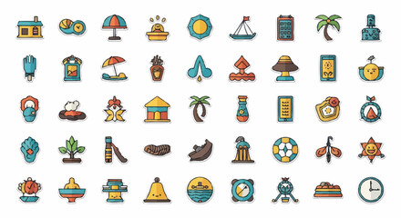 Fototapeta premium Collection of diverse icons representing travel leisure and objects.