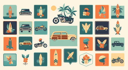 Obraz premium Retro Summer Vacation Icons and Illustrations.