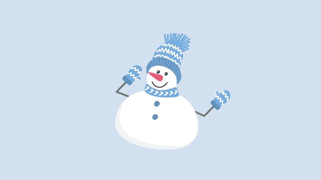 Christmas Animation. Happy Snowman is Dancing. Enjoy Winter Holidays. Funny Holiday Character in Blue Hat, Scarf, Gloves. Loop Video in Blue, White on Light Blue