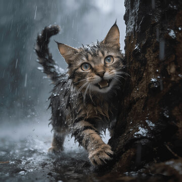 This cat took shelter behind a tree because it was raining and cold.