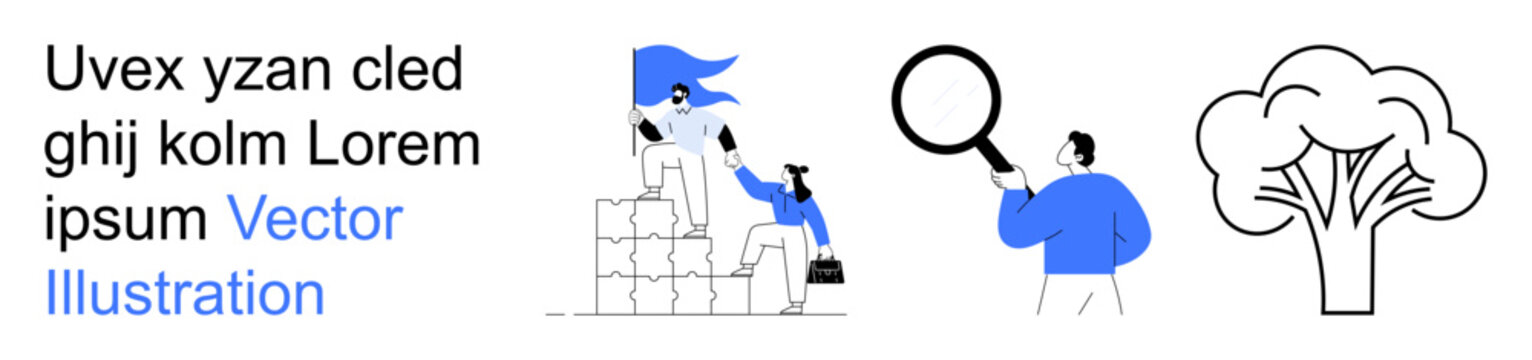 Collaboration, research, nature care, growth, analysis, sustainability. People stacking blocks, person with a magnifying glass and a tree illustration. Teamwork and analysis concept