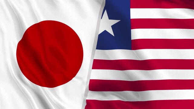 Japan and Liberia Flag Waving Animation Seamless Loop