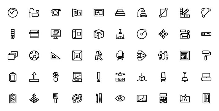 Interior design icon set. Vector symbols for 3D modeling, furniture, tools and materials. Includes living room, kitchen, bathroom, blueprint, Revit, SketchUp and more.