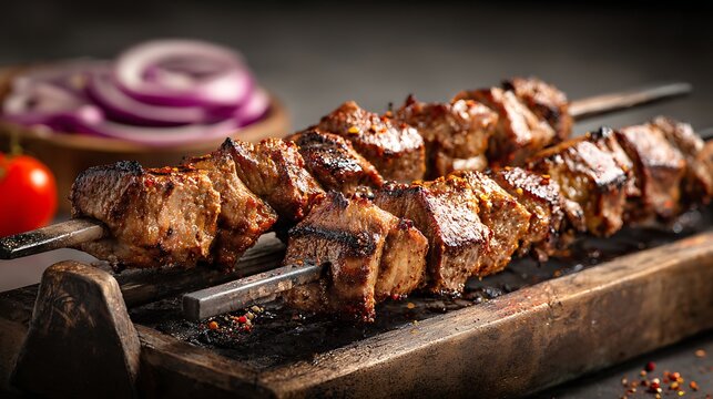 Suya, Cameroon grilled meat skewers, three long wooden skewers with caramelized and slightly charred beef cubes, covered with ground peanut and red spice mixture
