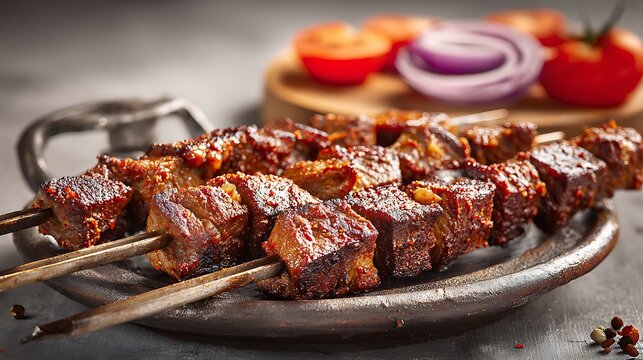 Suya, Cameroon grilled meat skewers, three long wooden skewers with caramelized and slightly charred beef cubes, covered with ground peanut and red spice mixture